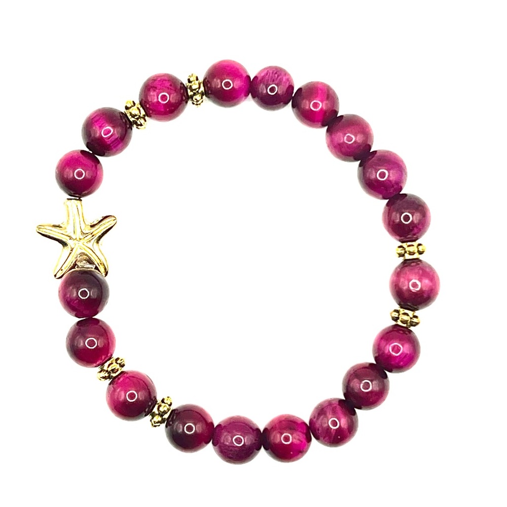 Elegant Pink Tigers Eye Beaded Bracelet with Gold Starfish Charm